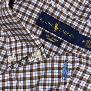 Polo Ralph Lauren Long Sleeve Button Down Cotton Stretch Mens M Blue Brown Plaid